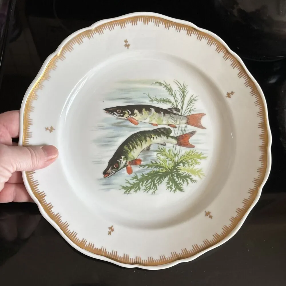 Hand Painted Fish Pattern Porcelain Dinner Plate Made In France Gold Gilt Rim